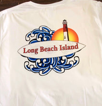 Load image into Gallery viewer, Long Beach Island Surfboard and Lighthouse Design t-shirt