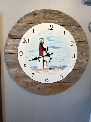 Clock with lighthouse on reclaimed wood